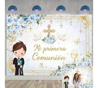First Communion Backdrop 7X5FT Blue Floral Mi Primeria Comunión Photography Background for Boys God Bless Baptism First Holy Communion Party Decorations Banner (82 x 59 inch)