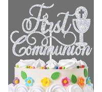 First Communion Cake Topper, Cross Baptism Cake Decor for Kids, God Bless for This Child, on Your Confirmation, Religious Baby's 1st Birthday Baby Shower Party Decorations Supplies Silver Glitter