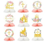 First Communion Centerpieces Baptism Decorations 9 Pcs, Cross & Flower Table Toppers Set, Confirmation Decor for Party, Primera Comunion Decoracion, First Holy Communion Favors Supplies