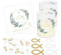 First Communion Decoration Set, 20 Pieces Napkins Confirmation + 12 Lantern Table Decoration + 60 Wooden Fish Scatter Decoration, Youth Consecration Decoration Girls Boys, Guest Gift My Youth