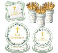 First Communion Decorations, First Communion Plates and Napkins Green Primera Comunion Decoracion First Communion Party Supplies for First Holy Communion Baptism Party Decorations Serves 25