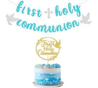 First Communion Decorations, First Holy Communion Banner and First Communion Cake Topper, Baptism Decorations for Boys Girls (blue gold)