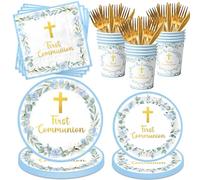 First Communion Decorations for Boys, Baptism Plates and Napkins Blue Primera Comunion Decoracion 1st Communion Party Supplies for Baptism Party Decorations Serves 25