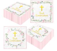 First Communion Decorations for Girls, 50pcs Pink Baptism Napkins First Communion Paper Napkins for Baptism Decorations, Easter Party, First Communion Party Supplies