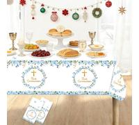 First Communion Decorations Table Cloth - 137×274CM Primera Communion Plastic Disposable Blue Floral Eucalyptus Leaves Wreath Gold Cross Baptism Table Cover Boys Religious Party Supplies (2 Pcs)