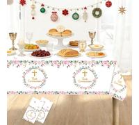 First Communion Decorations Table Cloth - 137×274CM Primera Communion Plastic Disposable Pink Floral Eucalyptus Leaves Wreath Gold Cross Baptism Table Cover Girls Religious Party Supplies (2 Pcs)