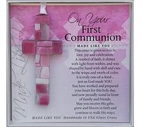 First Communion Gift for Girl - Handmade in USA Pink Mosaic Glass Cross with Sentiment
