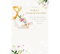 First Communion Greeting Card, Floral Design with Chalice and Bible, Special Memories Message