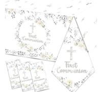 First Communion Tablecloth Decorations, 3Pcs Silver God Bless Baptism Tablecloths,First Holy Communion Cross Baptism Table Cover for Baby Shower First Communion Christening Decorations,108*54 inch