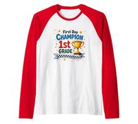 First Day Champion 1st Grade Star Student Trophy Raglan Baseball Tee, Men, Red/White, XL
