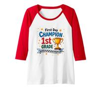 First Day Champion 1st Grade Star Student Trophy Raglan Baseball Tee, Women, Red/White, L