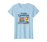 First Day Champion 1st Grade Star Student Trophy T-Shirt, Women, Baby Blue, XS