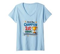 First Day Champion 1st Grade Star Student Trophy V-Neck T-Shirt, Women, Baby Blue, XXL