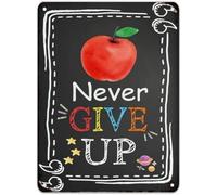 First Day of School Never Give Up Metal Sign Welcome Back Rainbow Balloon Colored Pencil Doodle Rustic for Student Teacher 8 X 12 in