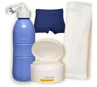 First Days Maternity - Hospital/Birth Bag Essentials Bundle - Instant Perineal Cold Packs - Peri Bottle - Witch Hazel Pads - Stretchy Maternity Pants (Medium Pants, Blue Peri Bottle)