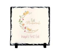 First Eid Mubarak Personalised Slate Plaque - Custom Baby Name Islamic Keepsake Gift, Muslim Newborn Ramadan Decoration, Baby’s First Eid Stone Ornament for Nursery & Home Décor