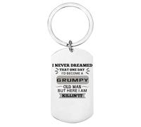 First Glass Designs Funny Grumpy Old Man Stainless Steel Dog Tag Keychain, Humorous Quote Design, Silver