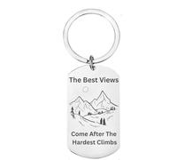 First Glass Designs Inspirational Mountain Keyring, Stainless Steel, Personalised Message Option, Best Views Quote