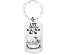 First Glass Designs Live Laugh Toaster Bath, Funny Skeleton Bath Keyring, Stainless Steel Dog Tag, Customisable Message, Novelty Gift