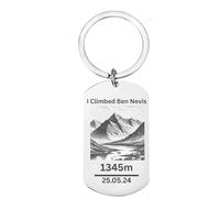 First Glass Designs Personalised Ben Nevis Climbing Hiking Achievement Keyring, Stainless Steel Dog Tag, Custom Date and Message Option