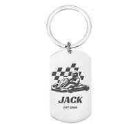 First Glass Designs Personalised Go Karting Stainless Steel Keyring, Double-Sided Laser Engraved, Custom Message