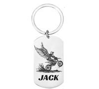 First Glass Designs Personalised Motocross Angel Keyring | Custom Engraved Stainless Steel MX Gift | Dirt Bike Rider Keychain with Name Option | Biker Sports Stocking Filler for Him or Her