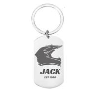 First Glass Designs Personalised Motocross MX Helmet Keyring, Stainless Steel Dog Tag, Custom Engraved Message, Double-Sided