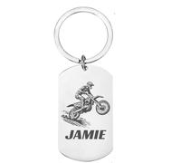 First Glass Designs Personalised Motocross MX Keyring, Double-Sided Stainless Steel Dog Tag, Custom Engraved Message