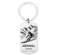 First Glass Designs Personalised Skiing Keyring Méribel France - Custom Engraved Stainless Steel Keychain - Ski Gift Idea for Skiers & Snow Sports Fans - Add Message on Back