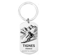 First Glass Designs Personalised Skiing Keyring Tignes France, Custom Engraved Stainless Steel Keychain, Ski Gift for Skiers and Snow Sports Fans