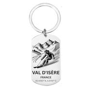 First Glass Designs Personalised Skiing Keyring Val d’Isère France - Custom Engraved Stainless Steel Keychain - Ski Gift Idea for Skiers & Snow Sports Fans - Add Message on Back