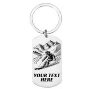 First Glass Designs Personalised Stainless Steel Keyring with Ski Design - Custom Engraved Keychain Ski Gift for Him or Her - Winter Sports Gift, French Alps, Italy, Austria, Holiday Present
