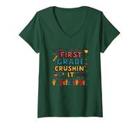 First Grade Crushin' It: Fun School Adventure for Kids V-Neck T-Shirt, Women, Forest Green, S