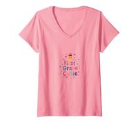 First Grade Cutie: Playful School Starter Celebration V-Neck T-Shirt, Women, Pink, L