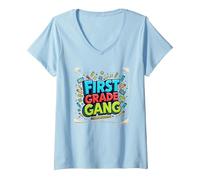 First Grade Gang School Supply Squad Fun Learning V-Neck T-Shirt, Women, Baby Blue, S