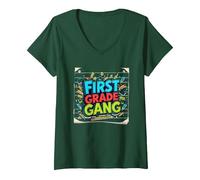 First Grade Gang School Supply Squad Fun Learning V-Neck T-Shirt, Women, Forest Green, L