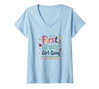 First Grade Girl Gang: Colorful School Adventure Squad V-Neck T-Shirt, Women, Baby Blue, S