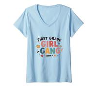 First Grade Girl Gang: Fun School Squad for Little Ladies V-Neck T-Shirt, Women, Baby Blue, S