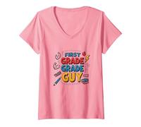First Grade Grade Guy: Tough School Superhero V-Neck T-Shirt, Women, Pink, XXL