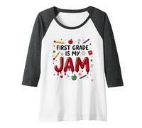First Grade is My Jam School Fun Education Enthusiasm Raglan Baseball Tee, Women, Dark Heather/White, L