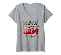 First Grade is My Jam School Fun Education Enthusiasm V-Neck T-Shirt, Women, Heather Grey, L