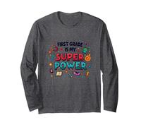 First Grade is My Super Power Long Sleeve T-Shirt, Adult Unisex, Dark Heather Grey, XL