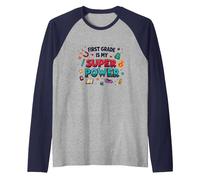First Grade is My Super Power Raglan Baseball Tee, Men, Navy/Athletic Heather, S