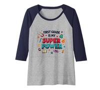 First Grade is My Super Power Raglan Baseball Tee, Women, Navy/Athletic Heather, S