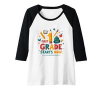 First Grade Starts Now School Adventure Begins Raglan Baseball Tee, Women, Black/White, S
