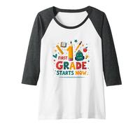 First Grade Starts Now School Adventure Begins Raglan Baseball Tee, Women, Dark Heather/White, S