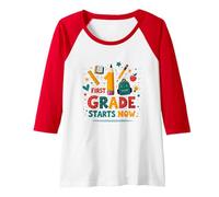 First Grade Starts Now School Adventure Begins Raglan Baseball Tee, Women, Red/White, XXL