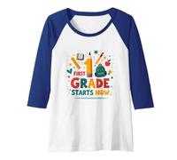 First Grade Starts Now School Adventure Begins Raglan Baseball Tee, Women, Royal Blue/White, M