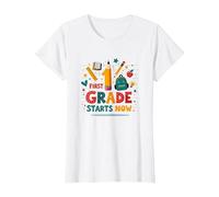 First Grade Starts Now School Adventure Begins T-Shirt, Women, White, S