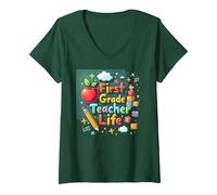 First Grade Teacher Life Colorful Educational Fun V-Neck T-Shirt, Women, Forest Green, S